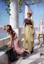 "Unga kvinnor spanar ut över horisonten från sin terrass i antik stil. Målning av Henry Ryland (1856-1924) 1910 Privat samling