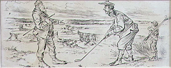 Den tveksamma golfaren, illustration från "Graphic" tidning, pub. c.1870 (lito)