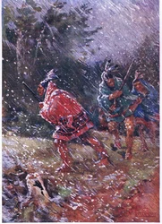 Röda indianer som jagar i en snöstorm