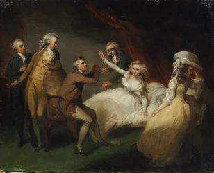 Camilla återhämtar sig från sin svimning, illustration av en scen från "Camilla", eller "En bild av ungdom", publicerad 1796