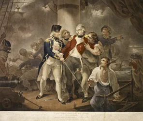Capt. Trollope in the Glatton of 54 Carronades Engagerar en fransk skvadron på 8 krigsfartyg som bär 230 kanoner, graverad av James Daniell, 1797 (mezzotint)