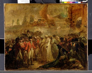 The Surrender of the Two Sons of Tipu Sahib (1749-99), Sultan of Mysore, till Sir David Baird, ca 1800 (olja på duk)
