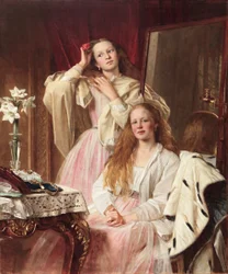 Porträtt av Emma och Frederica Bankes från Soughton Hall vid deras toalettbord, 1869