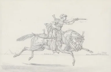 En laddande mameluk som avfyrar en pistol (grafit & röd krita på papper)