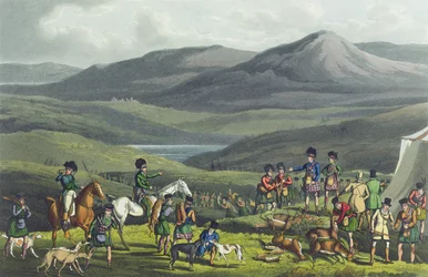 Sporting Meeting in the Highlands, aquatinted by I. Clark, pub. av Thomas McLean, 1820, (akvatint)