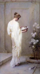 "Divinely Fair" Ung kvinna klädd i vitt och med blommor i handen, en symbol för renhet. Målning av Henry Thomas Schaefer (1845-1915) 1893 (pre-rafaelit) Privat samling