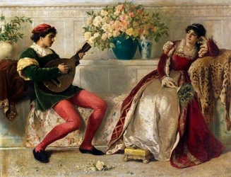 "En ung musiker spelar för en dam, rikt klädd i sammet, en solfjäder med påfågelfjädrar i handen, hon lutar sig mot ett guleskin. Målning av Henry Thomas Schaefer (1845-1915) 1877 Privat samling