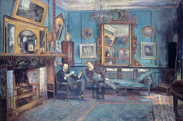 Dante Gabriel Rossetti läser dikt till Theodore Watts-Dunton i vardagsrummet av Henry Treffry Dunn (1838-1899)