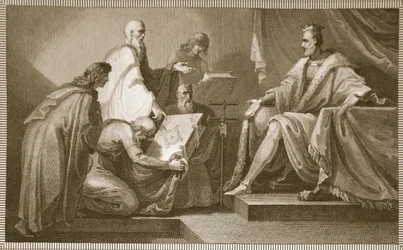 Doomsday Book presenterad för William the I, graverad av J. Fittler, illustration från David Humes "The History of England", pub. av R. Bowyer, London, 1812