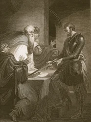 Earl Warenne som motiverar titlarna på sina egendomar, graverad av J. Fittler, illustration från David Humes "The History of England", utgiven av R. Bowyer, London, 1812.