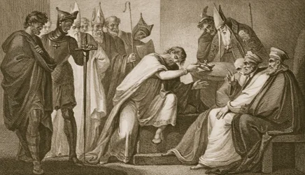 Edvard II avstår från sin krona, graverad av Schiavonelli, illustration från David Humes "The History of England", utgiven av R. Bowyer, London, 1812.