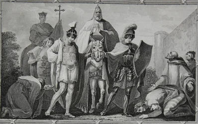 Henry och Lewis dirigerar påven till slottet Torci, graverad av Saunders, illustration från David Humes 
