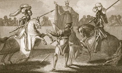 Richard II avbryter duellen mellan Hereford och Norfolk, illustration från David Humes "The History of England", pub. av R. Bowyer, London, 1812