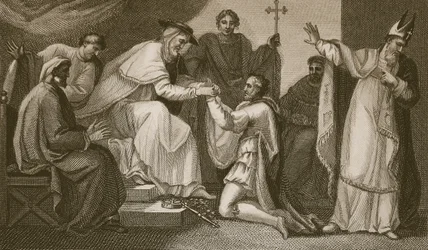 Inlämning av John, graverad av Delatre, illustration från David Humes "The History of England", pub. av R. Bowyer, London, 1812