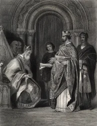 Henrik II presenterar påvens tjur till ärkebiskopen av Cashel, graverad av G. Greatbach