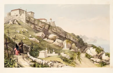 Brittiska officerarnas begravningsplats på slottskullen i San Sebastián, ur "Skisser av landskap i Spaniens baskiska provinser, med ett urval av nationell musik", publicerad 1838