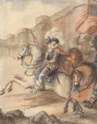 En kavalleriofficer (Henry IV) som leder en laddning utanför ett slott