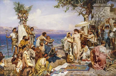 Phryne på festivalen Poseidon, havets gud,
