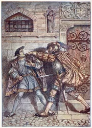 Spionens gripande, illustration från "Bayard: Den gode riddaren utan rädsla och utan klander" av Christopher Hare, pub. 1911 (sepiafoto)