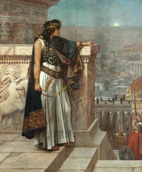 Romersk antik: ”Zenobias sista blick på Palmyra”. Palmyras kejsarinna Septimia Bathzabbai Zenobia, tillfångatagen av den romerske kejsaren Aurelianus, måste lämna sitt rike, 272. 1888, Art Gallery