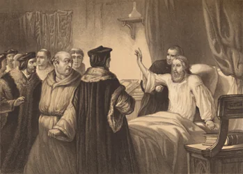 Wycliffe på sin sjuksäng attackerad av bröderna, 1886