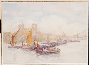 Towern i London från Themsen med sjöfarten i förgrunden