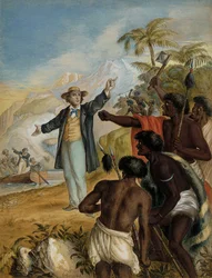 En skotsk missionär som kom iland konfronterad med stridande maorier, 1868