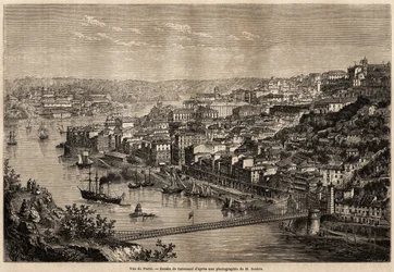 Vy över Porto, teckning av Catenacci, för att illustrera Olivier Mersons resa till Portugals norra provinser 1857. Gravyr i ”” Le tour du monde”” 1861. Selvas samling.