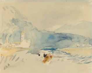 Ett landskap med berg och en bäck.
