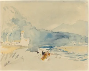 Ett landskap med berg och en bäck