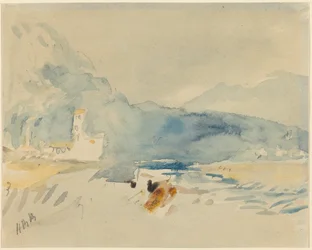 Ett landskap med berg och en bäck
