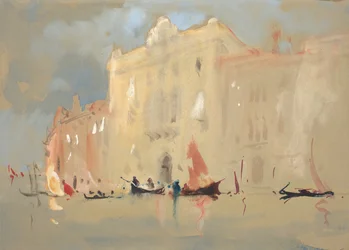 Gondoler före ett palats på Canal Grande i Venedig.
