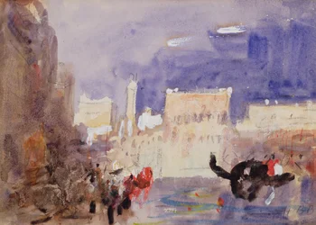 Dogepalatset och Piazetta från andra sidan Bacino di San Marco (svart krita och akvarell med vit förhöjning)