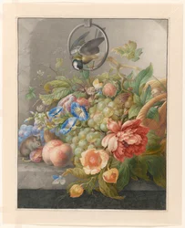 Stilleben med blommor, frukt, talgoxar och en mus Stilleben med blommor, frukter, talgoxen och en mus