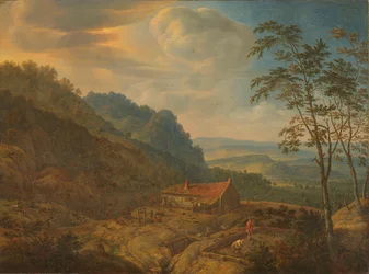 Bergigt landskap med gård