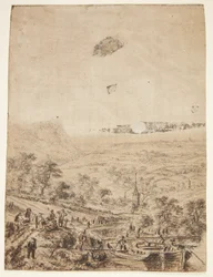 Panoramalandskap med bönder, fiskare och en bykyrka