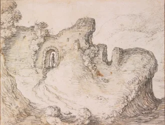 Stenigt landskap med ruiner som bildar profilen av en mans ansikte, ca. 1650