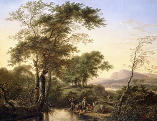 Ett omfattande italienskt flodlandskap med resenärer vid en pool, 1646