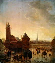 Skridskoåkning framför stadsmuren i Utrecht