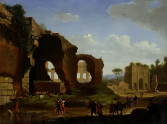 Vy över Rom med Venus och det romerska templet samt Konstantins triumfbåge.