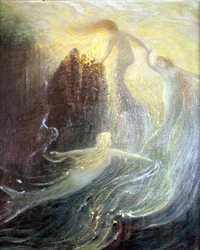 Scenografi till Richard Wagners opera «Rhenets döttrar», skapad 1869: målning av Hermann Hendrich. Wagner-museet i Bayreuth.