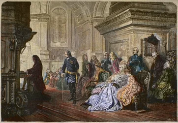 Kungen av Preussen Fredrik II den store (1712-1786) lyssnar på kompositören Jean Sebastian Bach som spelar en hov, graverar efter en målning av Kaulbach - Fredrik II den store, kung av Preussen, lyssnar på Johann Sebastian Bach vid orgeln, Sanssouci