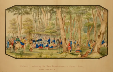Sa-tan-ti tilltalar fredskommissionärerna i Council Grove, Medicine Lodge Creek, 1867.