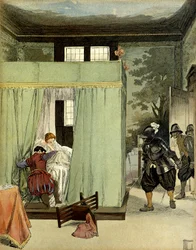 En protestantisk gentleman finner sin tillflykt i sängen hos Marguerite de Valois, drottningen av Frankrike, känd som drottning Margot (1553-1615) på Saint Barthelemys dag (Saint-Barthelemy) den 24 augusti 1572. Illustration av Hermann Vogel (1856-1918) i 