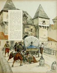 Amiens överraskning. Spanjorerna använde ett knep för att ta staden Amiens den 11 mars 1597 genom att blockera harven med en vagn. Illustration, 1907, av Hermann Vogel