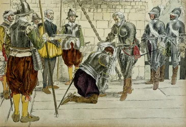Karl II av Cosse Brissac (Cosse-Brissac) (1562-1621 eller 1626) gjorde marechal av Frankrike av Henri IV (1553-1610) innan han reste in i Paris den 22 mars 1594. Köpmännen Jean Lhuillier (?) som stod bredvid höll stadens nycklar. Illustration 1907