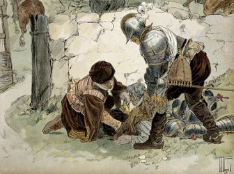 Henri IV (1553-1610) skadad under en spaning vid Aumale mot Mayennes armé. Illustration av Hermann Vogel (1856-1918) i "" Henri IV""
