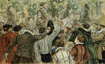 Henri de Guise (1549-1588), ledare för den katolska ligan, hyllad av parisarna efter Barrikadernas dag (12 maj 1588). Illustration från 1907 av Hermann Vogel (1856-1918). Privatsamling.