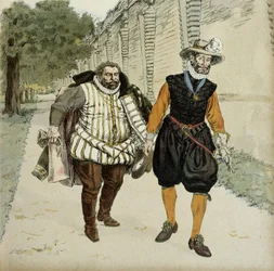 Henrik IV (1553-1610) och Charles de Lorraine, hertig av Mayenne (1554-1611). Det första försoningsmötet mellan de två fienderna, Mayenne, ligisternas ledare, och kungen, i trädgårdarna vid slottet Montceaux i Brie år 1596. Illustration