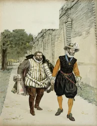 Henrik IV (1553-1610) och Charles de Lorraine, hertig av Mayenne (1554-1611). Det första försoningsmötet mellan de två fienderna, Mayenne, ligisternas ledare, och kungen, i trädgårdarna vid Château de Montceaux i Brie 1596. Illustration